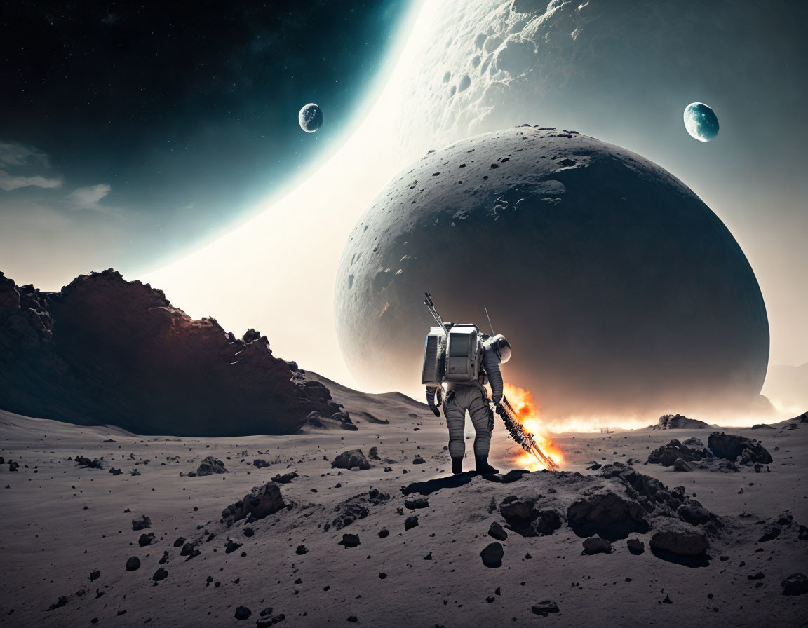 Astronaut on alien planet with moon, rocks, and distant explosion