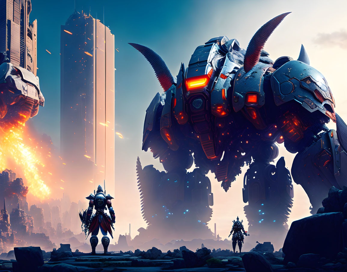 Futuristic warrior in armor facing giant robot in cityscape