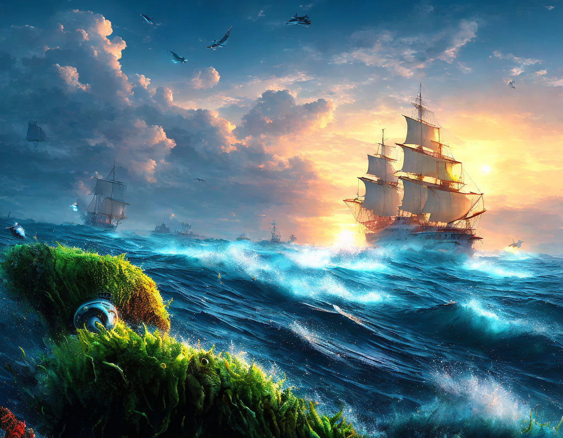 Tall ships, sunset, seagulls, waves, and hidden turtle in turbulent seas