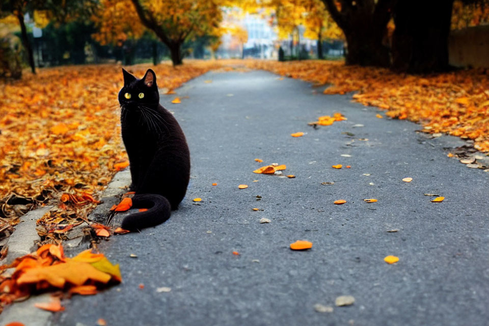 Black Cat Sitting on Autumn Path with Yellow Eyes