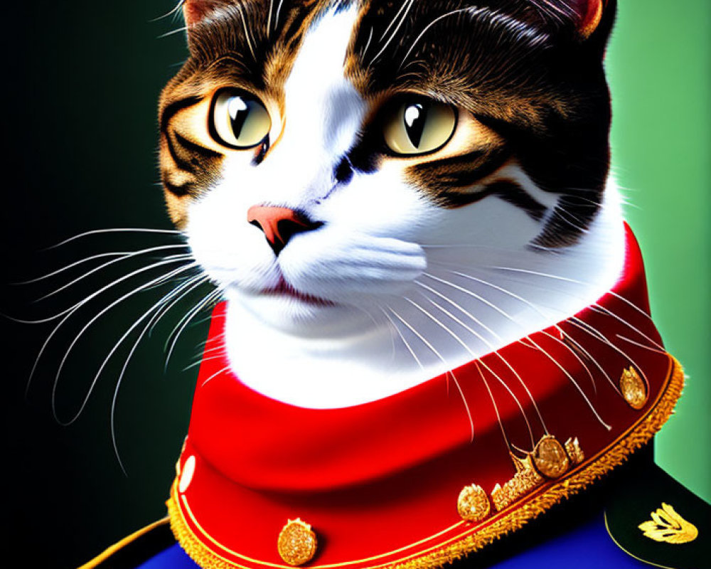 Digital Artwork: Cat in High-Ranking Officer Uniform, Striking Eyes, Gradient Background