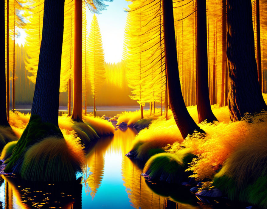 Vibrant sunset scene of tall trees reflecting in calm water