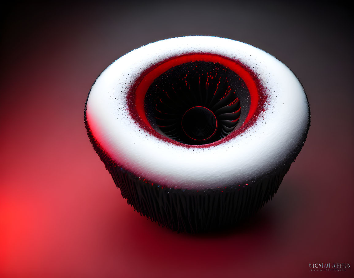 Abstract circular object with black and red center on white and red gradient, red background