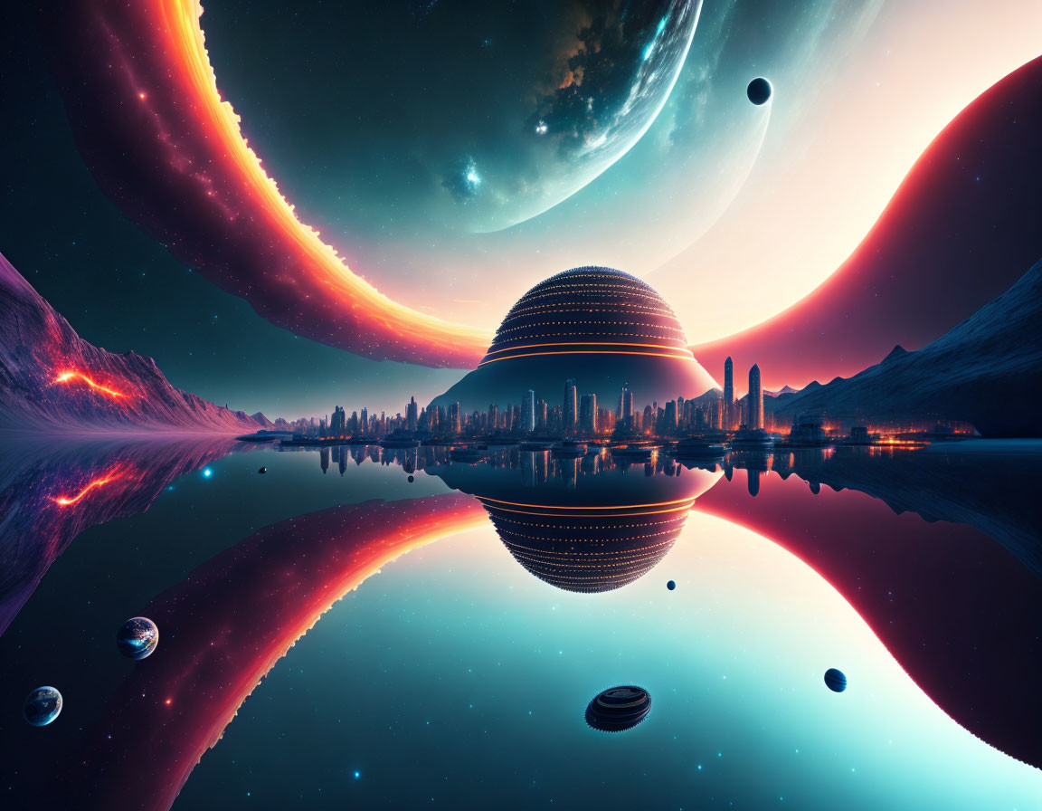 Futuristic cityscape with giant spherical structure and multiple planets in sky reflected in water