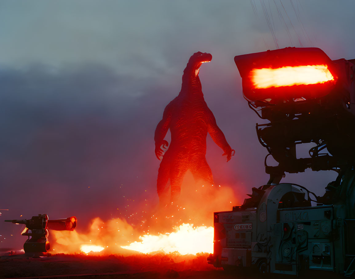 Gigantic Godzilla in flames with filming equipment in foreground