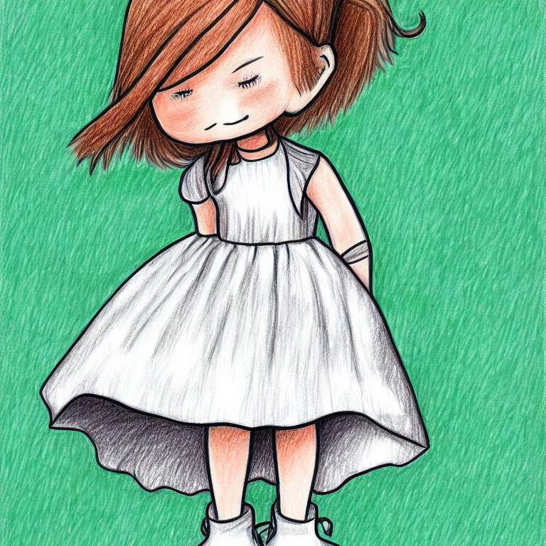 Young girl with brown hair in white dress and shoes, gazing down on green background