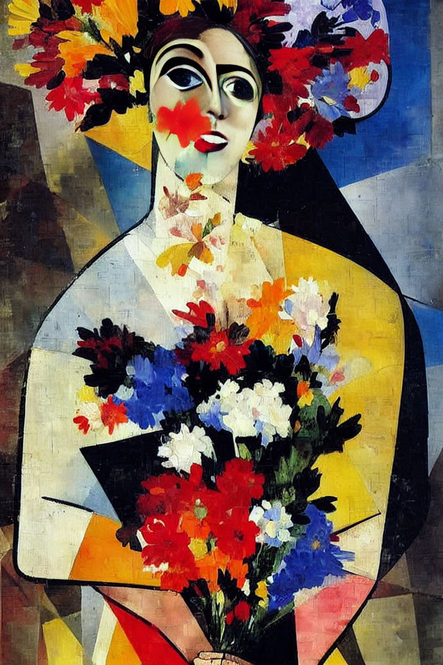 Vibrant Cubist-style painting with figure and flower bouquet