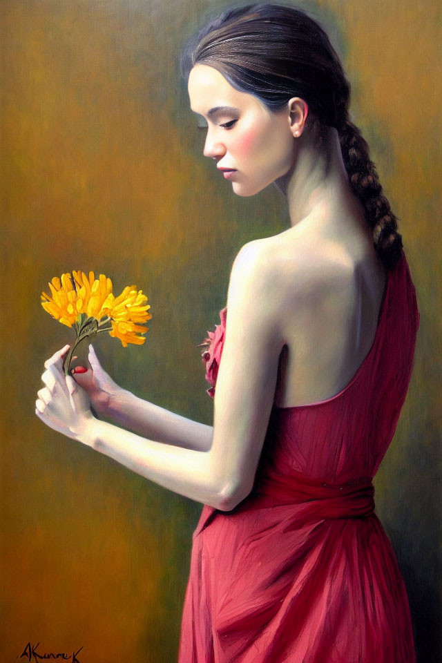 Woman in red dress with braided hair holding yellow flower in pensive pose