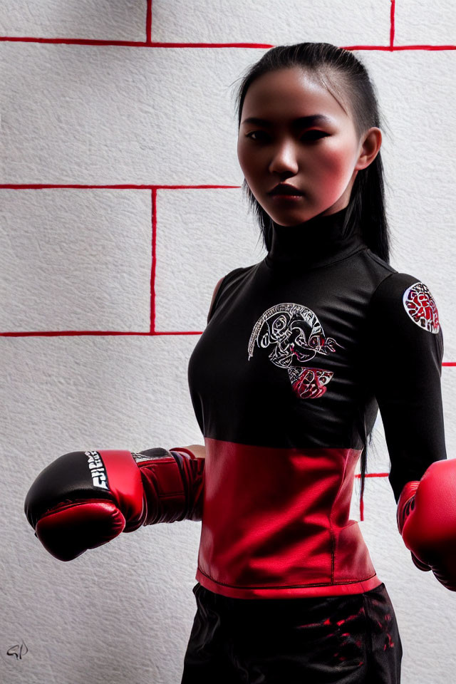 Confident woman in black and red martial arts outfit with boxing gloves against white brick wall.