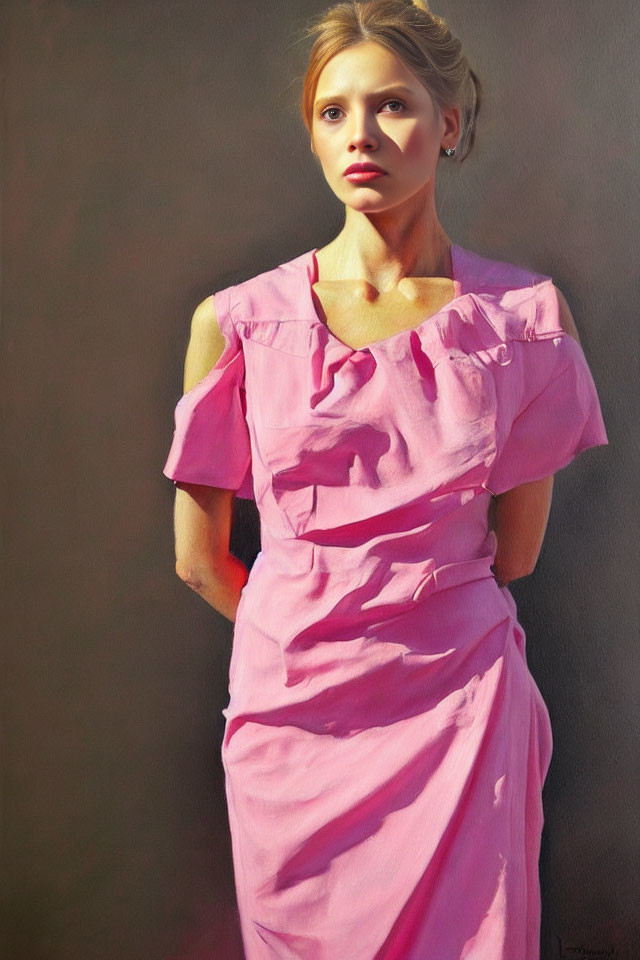 Woman in pink ruffled dress against gray background with thoughtful expression