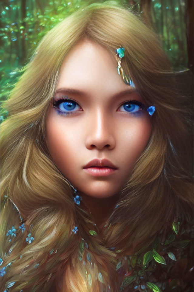 Portrait of a woman with blue eyes and forest-inspired adornments