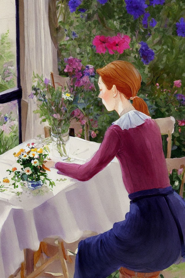 Red-haired woman arranging bouquet at table with garden view