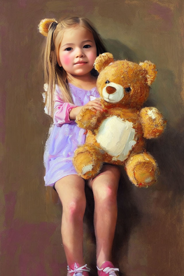 Blonde Girl in Lavender Dress with Teddy Bear Smiling