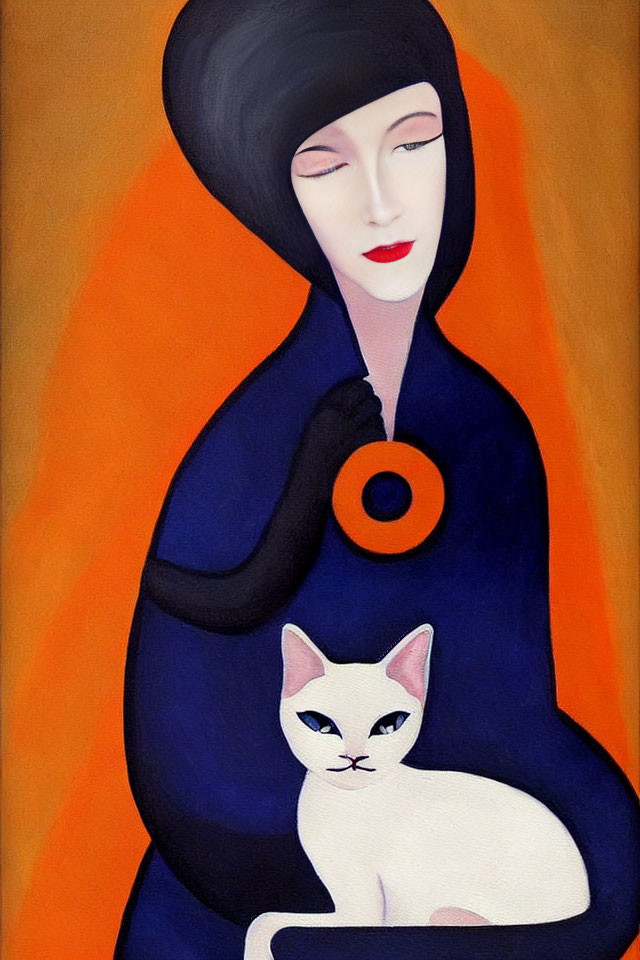 Stylized painting of person with closed eyes holding white cat on orange background