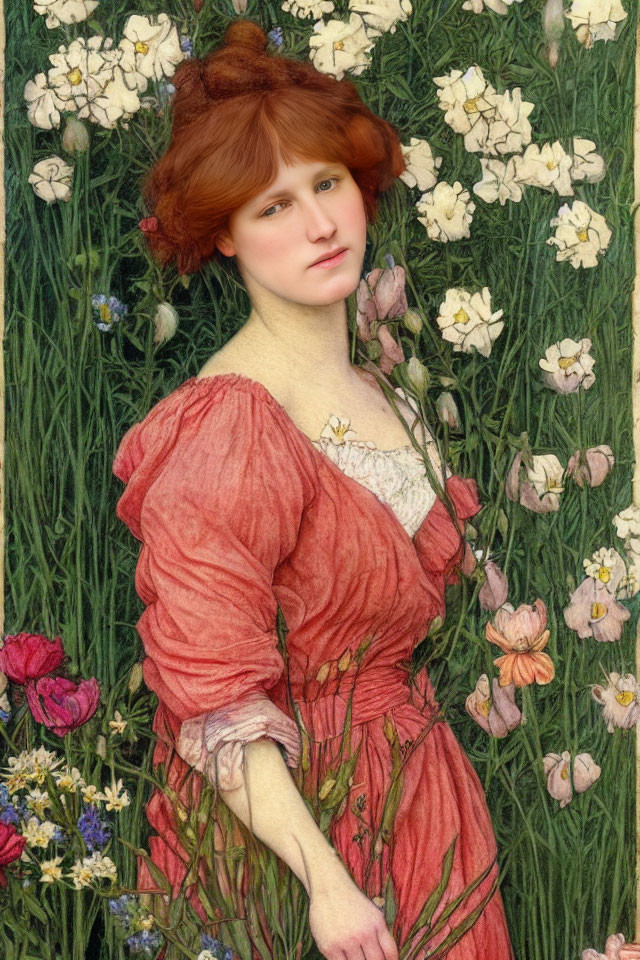 Red-haired woman in crimson dress amidst greenery and white flowers.