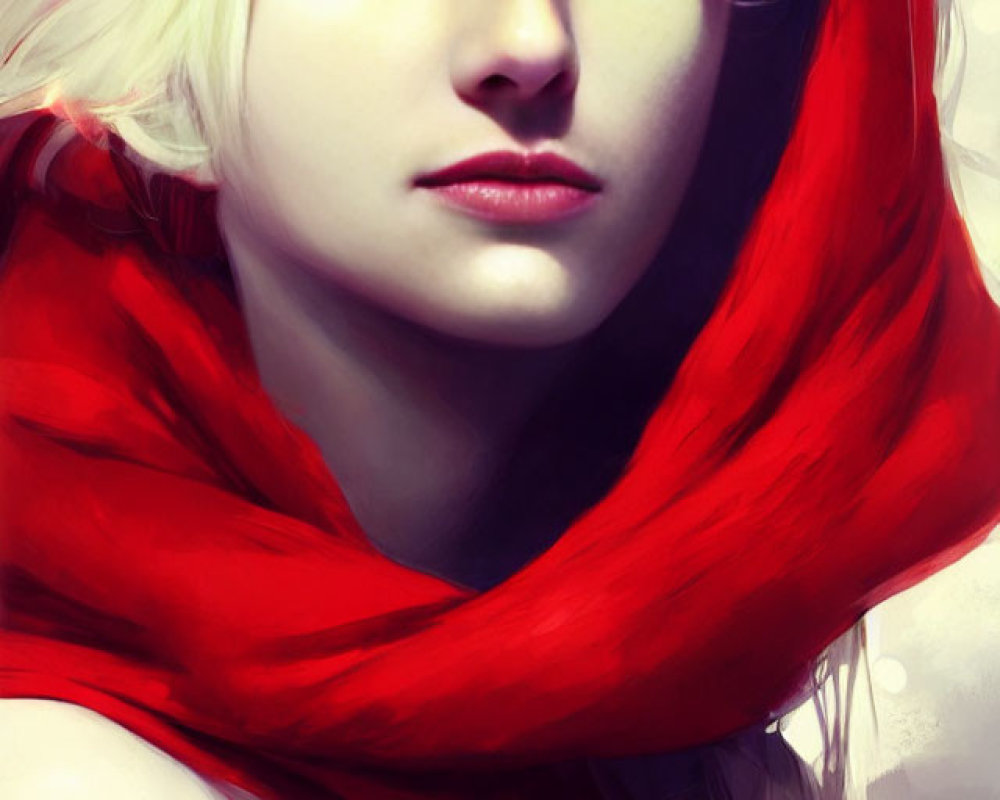 Digital portrait of woman with pale skin, purple eyes, white hair, and red scarf