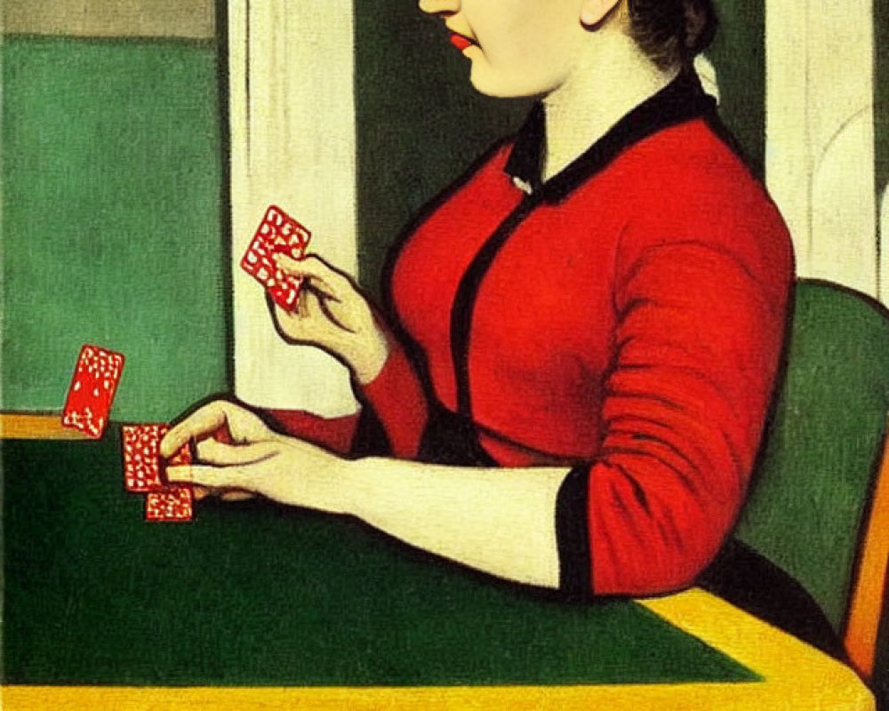 Woman in Red and Black Outfit Holding Playing Cards at Green Table in Room with Window and Painting