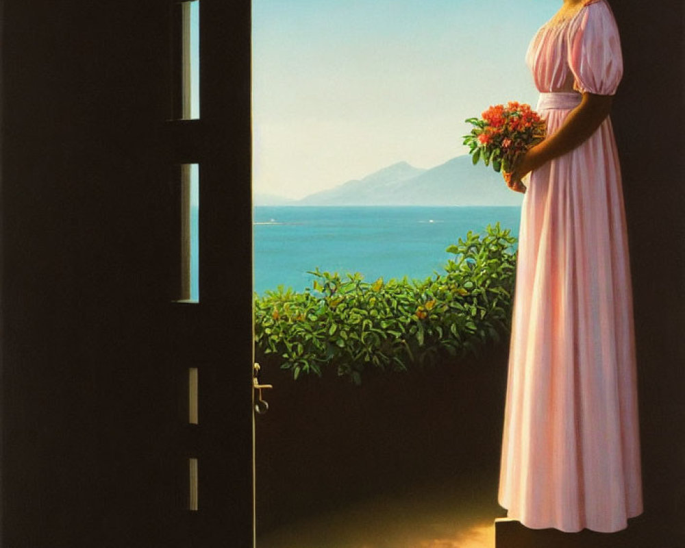 Woman in Pink Dress Holding Flowers by Open Door with Sea and Mountain View