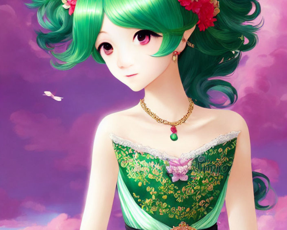 Illustrated female character with green hair and floral crown in elegant dress on pink sky backdrop