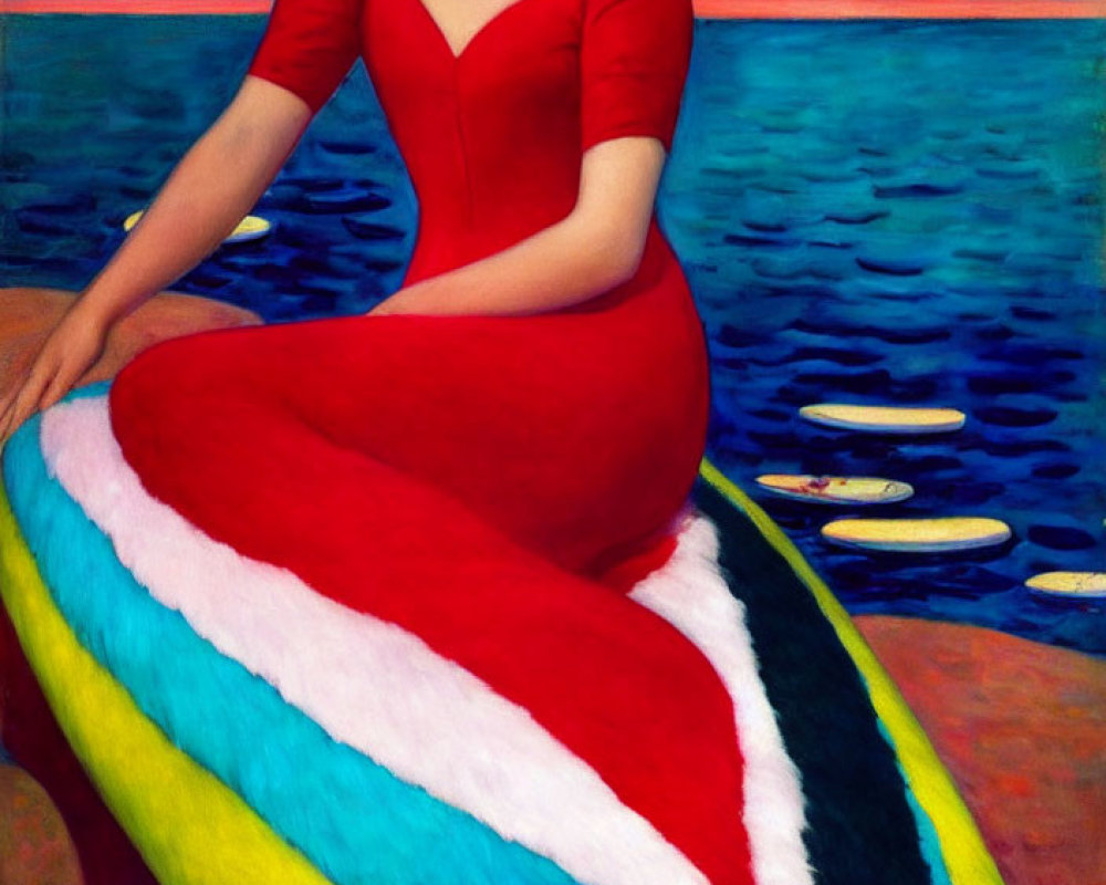 Woman in Red Dress on Colorful Beach Towel by Water's Edge