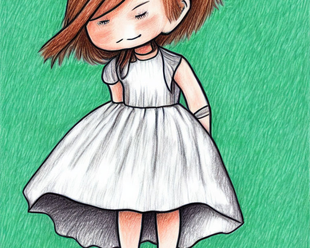 Young girl with brown hair in white dress and shoes, gazing down on green background