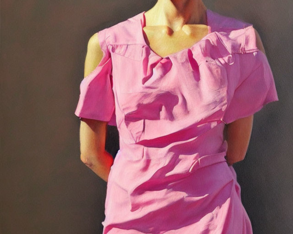 Woman in pink ruffled dress against gray background with thoughtful expression