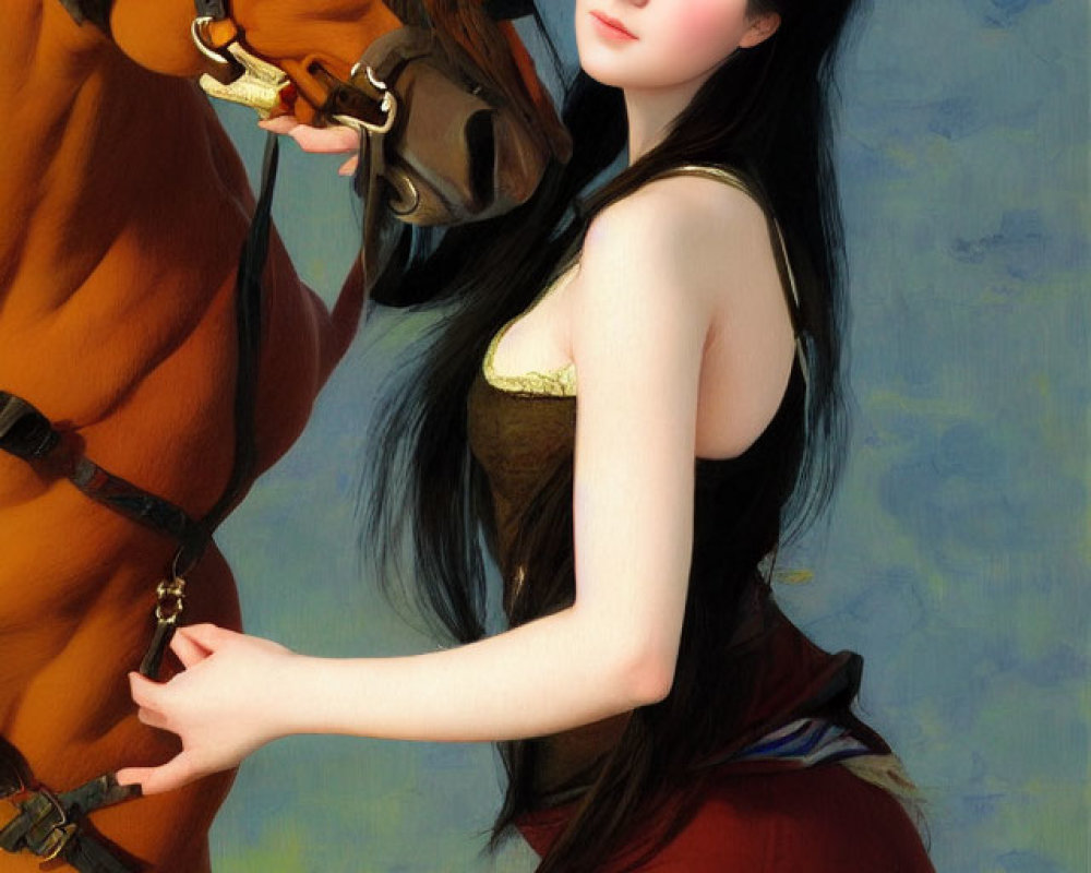 Woman with long black hair stands near brown horse holding bridle