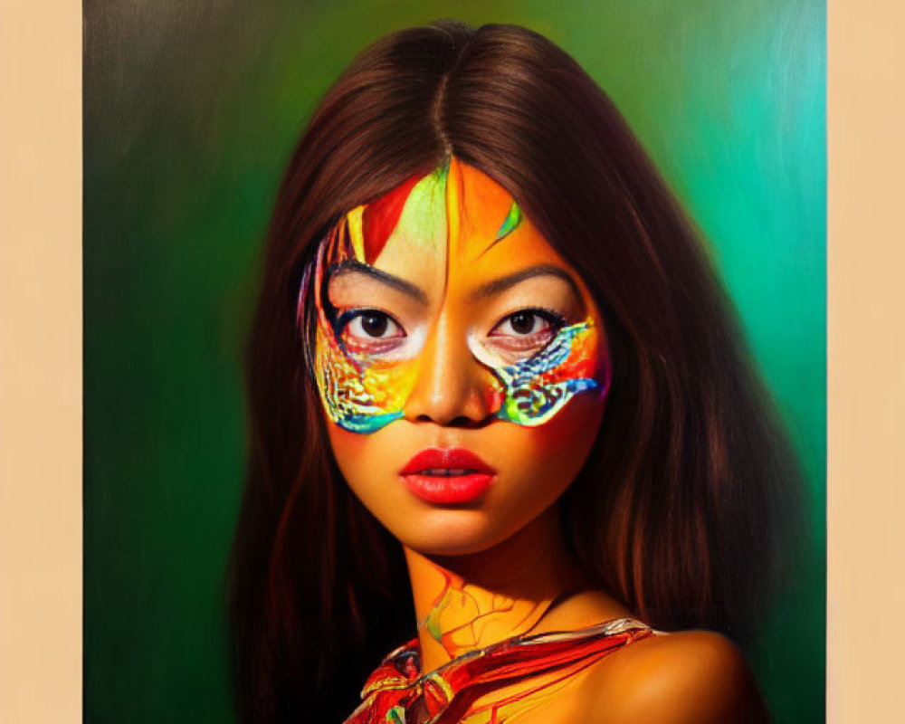 Colorful Face Paint Portrait with Contemplative Expression