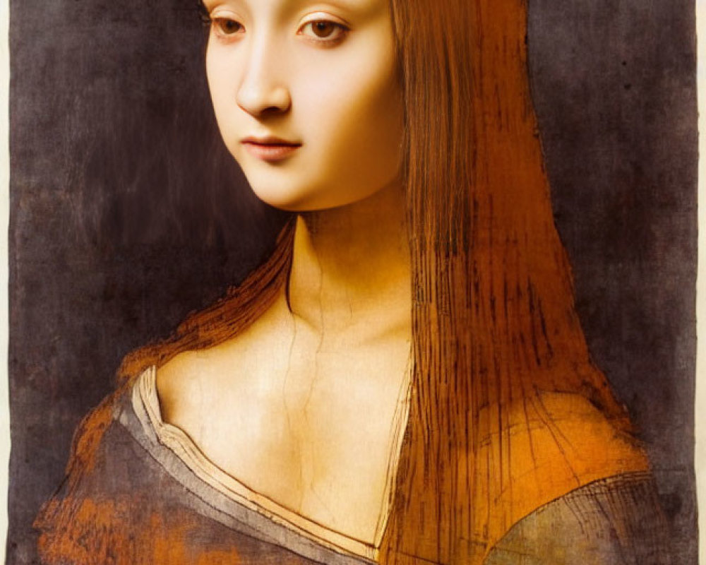 Digitally altered Mona Lisa with elongated features and intense gaze