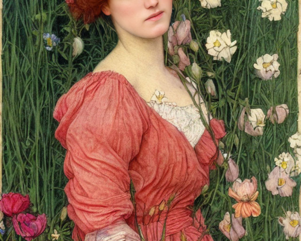 Red-haired woman in crimson dress amidst greenery and white flowers.