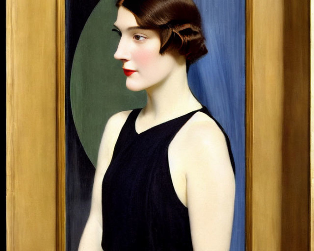 Portrait of Woman with Bobbed Hair in Black Dress on Green Background