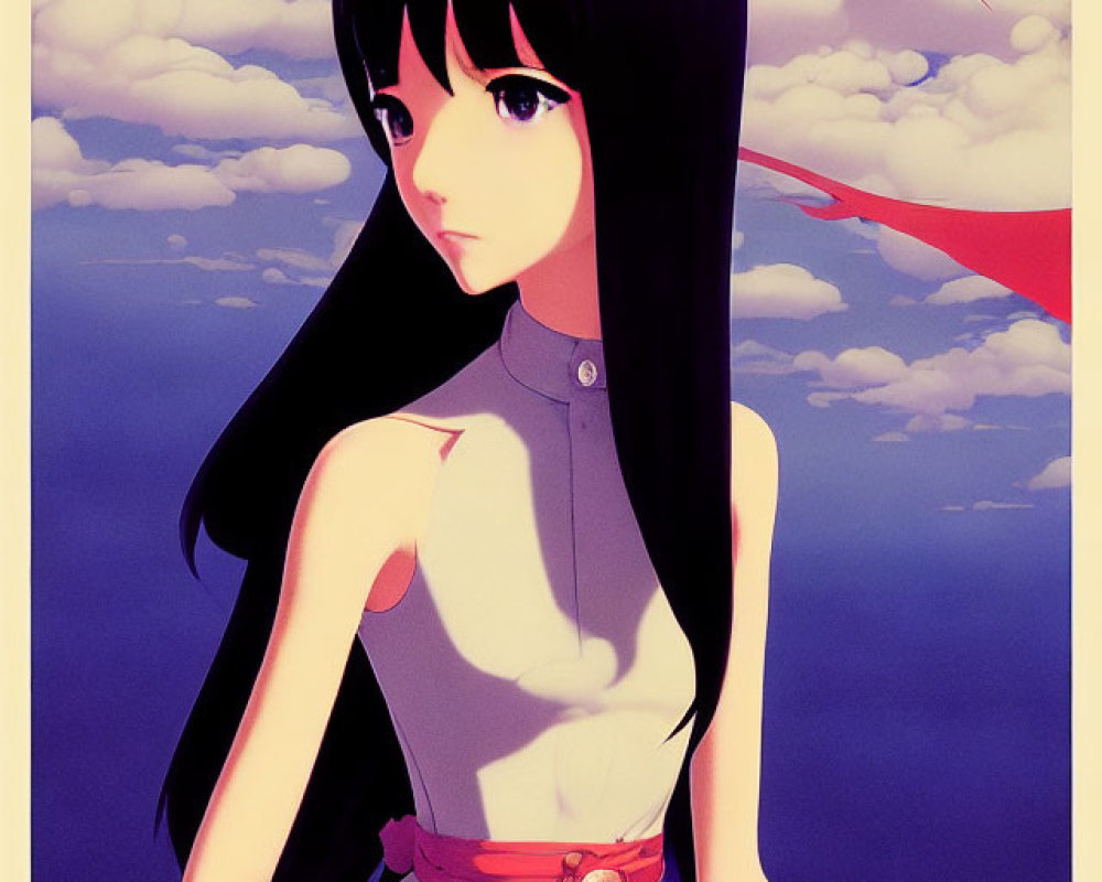 Anime-style girl with long black hair in white dress and red ribbon under cloudy sky