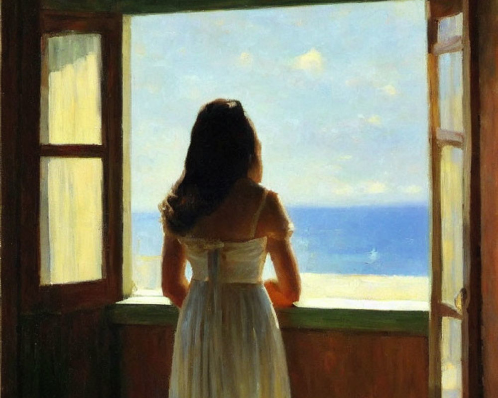 Woman in White Dress by Open Window Overlooking Sea and Bright Blue Sky