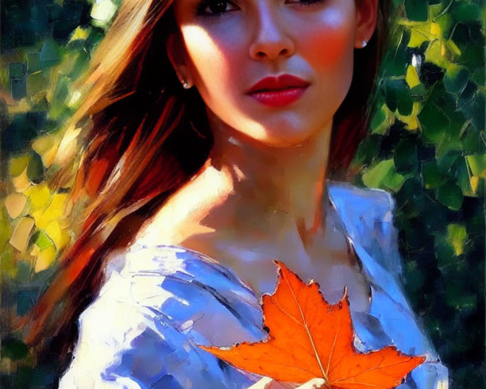 Woman with Long Dark Hair Holding Red Maple Leaf in Dappled Sunlight