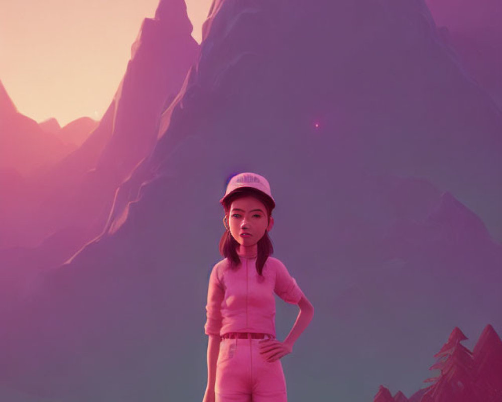 Stylized animated girl in pink outfit and white hat in pink landscape.