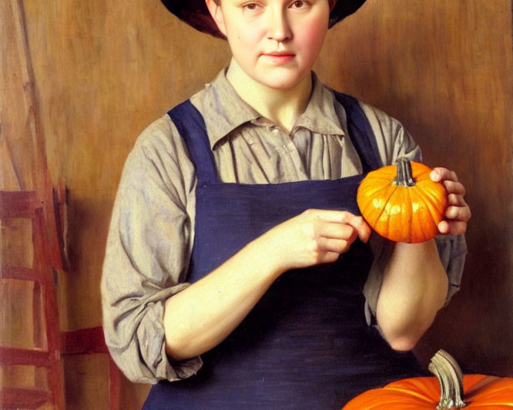 Person in Blue Apron Holding Small Pumpkin with Larger Pumpkin and Slices on Wooden Table