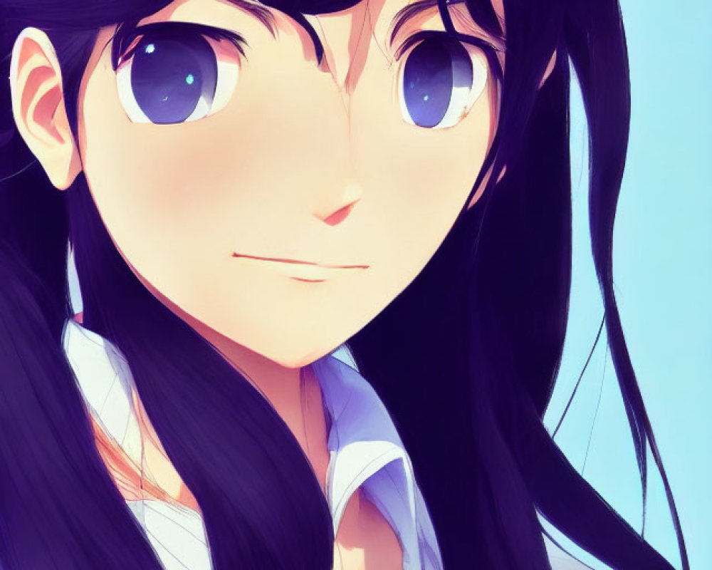 Female character with long black hair and large blue eyes in anime-style illustration.