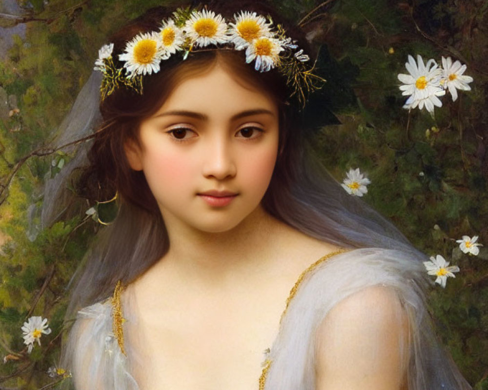 Young woman in daisy crown, blue dress with gold trim, surrounded by white flowers and greenery