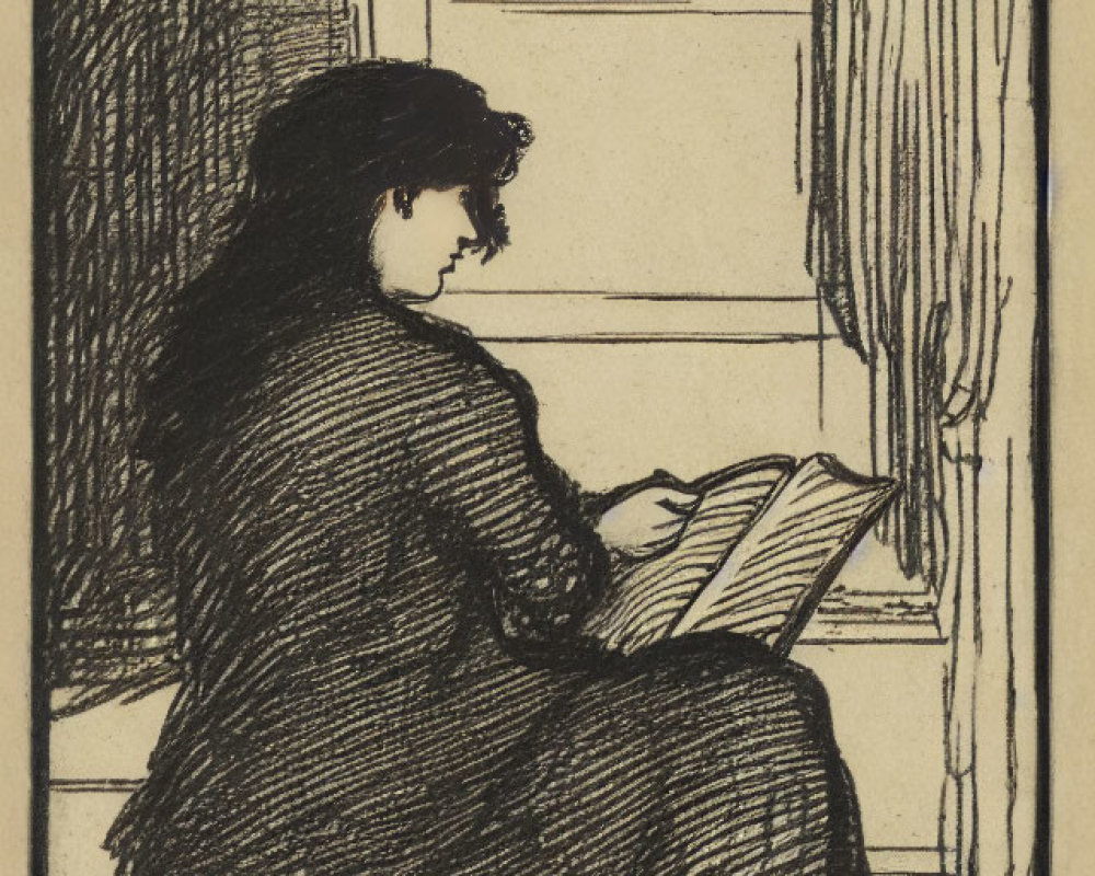 Vintage Illustration of Woman Reading Book by Window