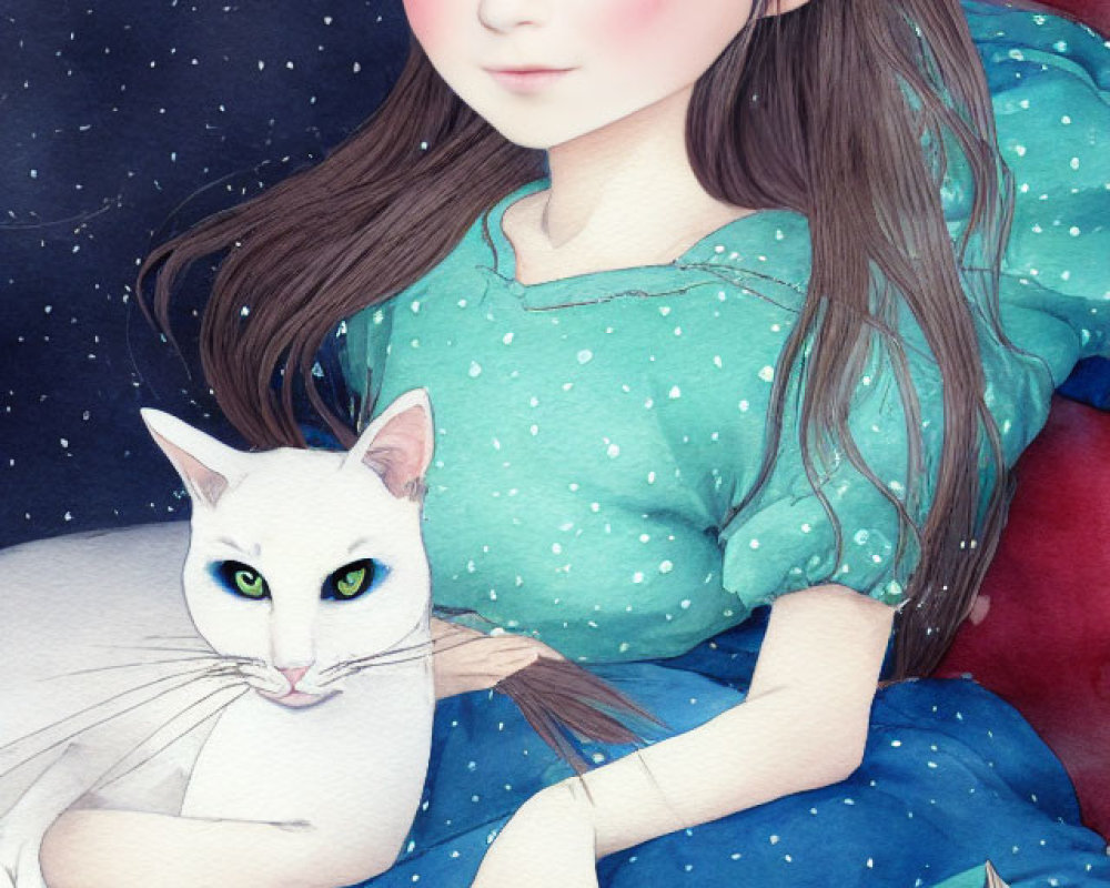 Girl with Long Brown Hair Sitting with White Cat and Illustration of Another Cat in Book