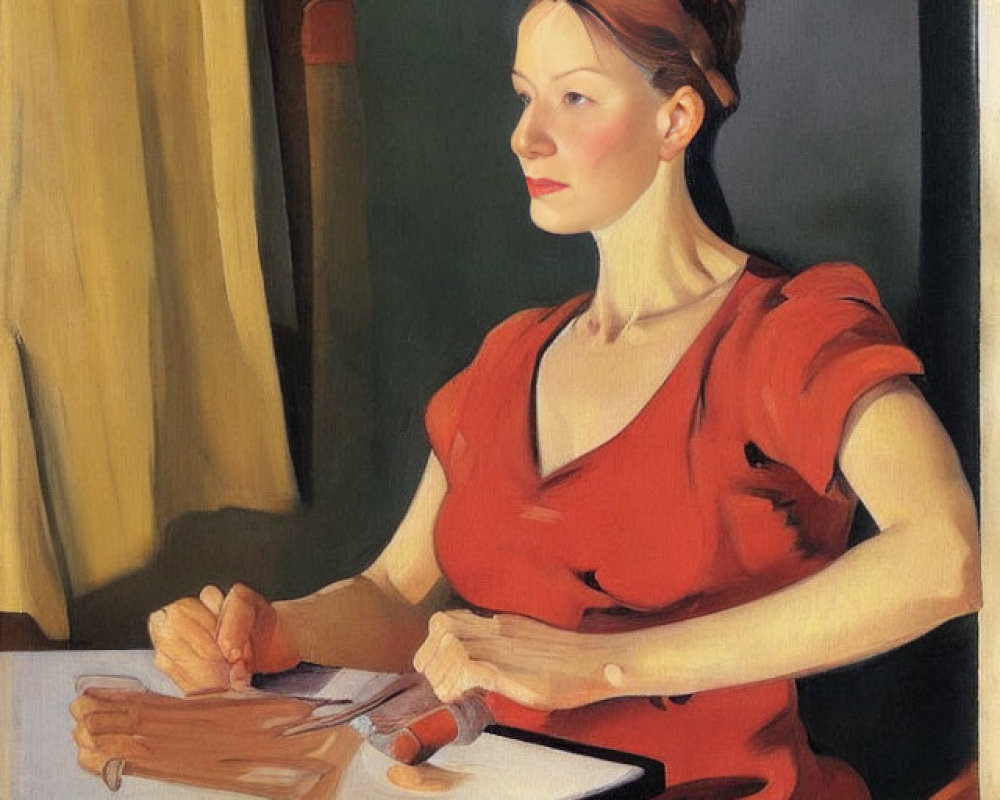 Portrait of woman in red dress at table, hands touching, looking away