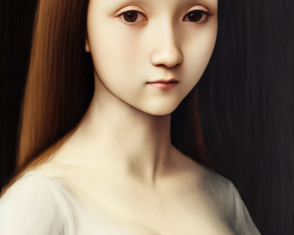 Portrait of woman with pale skin, long brown hair, dark eyes, against black background, Renaissance art