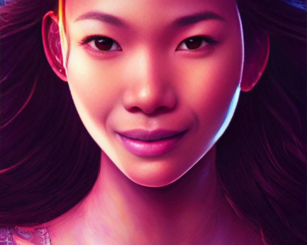 Asian woman illustration with radiant skin and detailed hair under colorful light