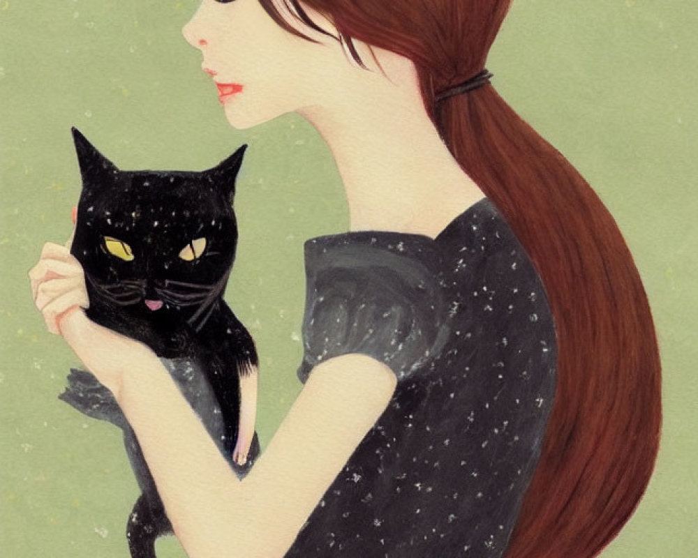 Woman with long brown hair holding black cat on green background