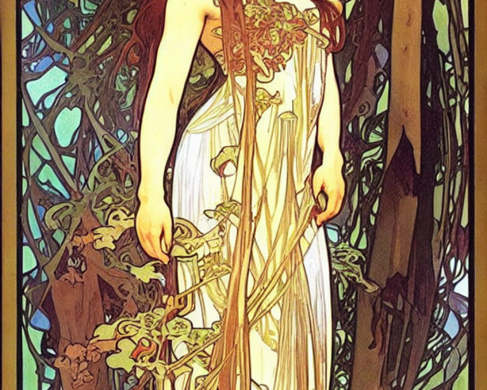 Art Nouveau backdrop with woman in modern dress and red headpiece