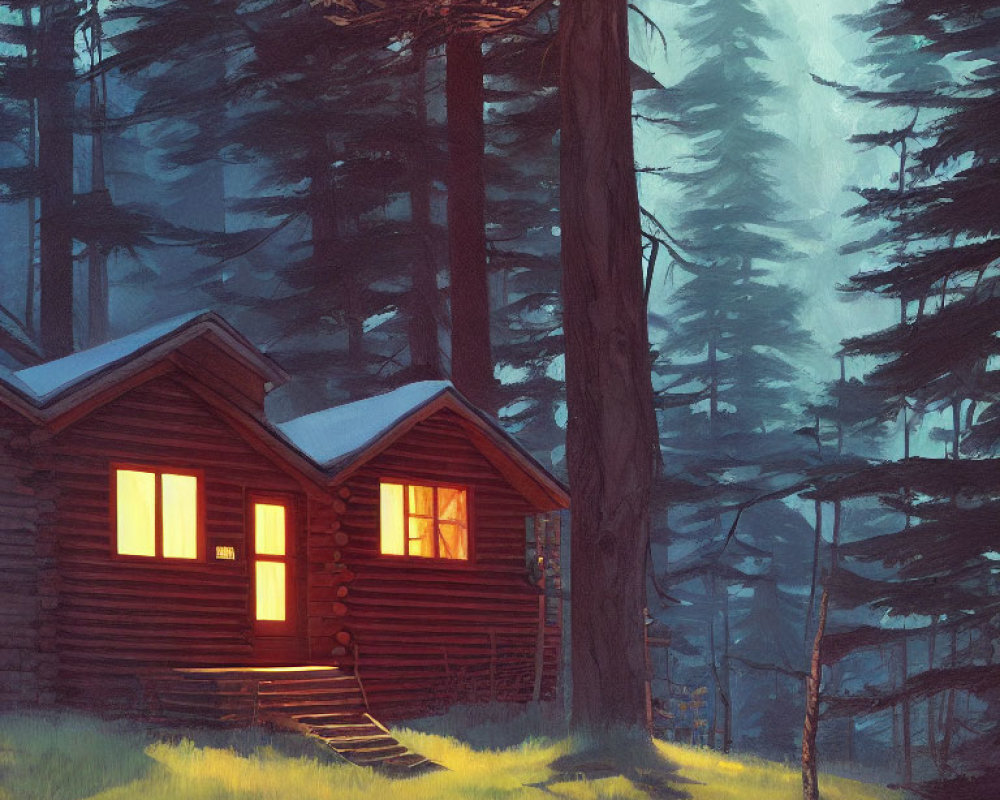 Tranquil digital painting of cozy log cabin in misty forest