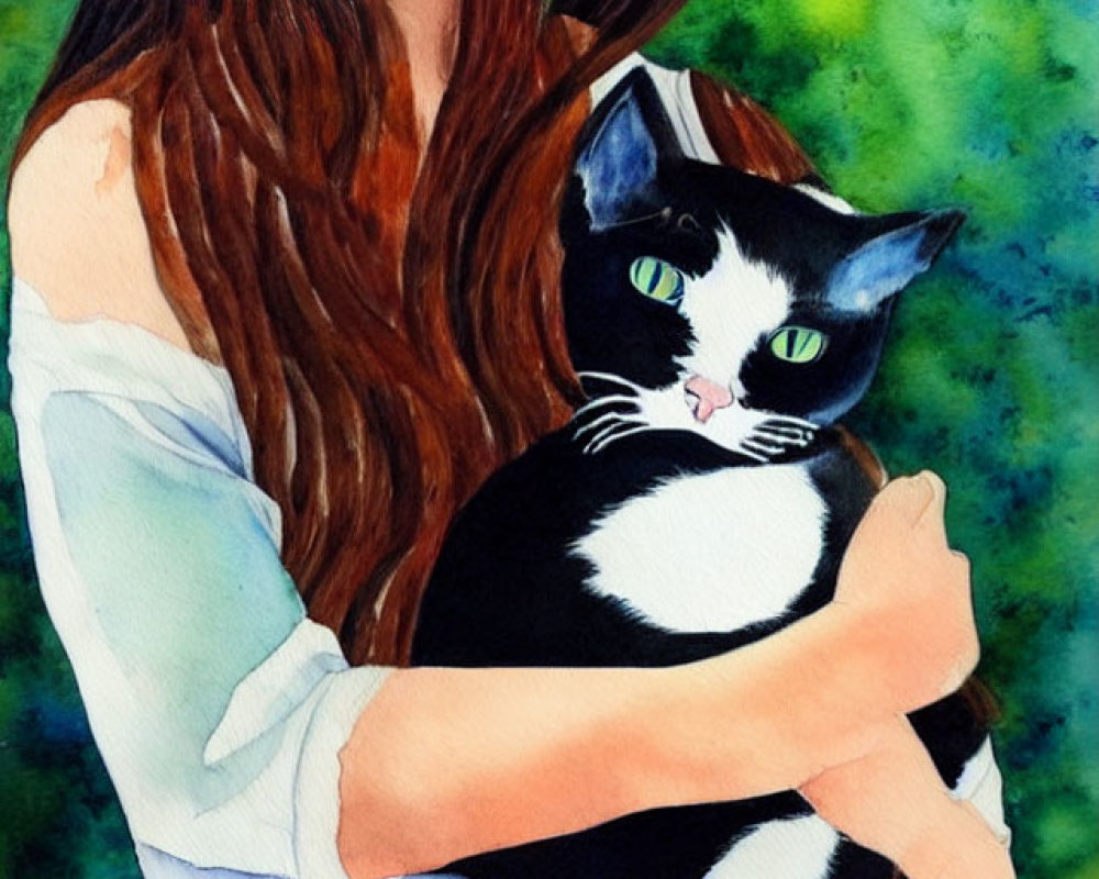 Girl with Long Brown Hair Holding Black and White Cat on Abstract Blue and Green Background