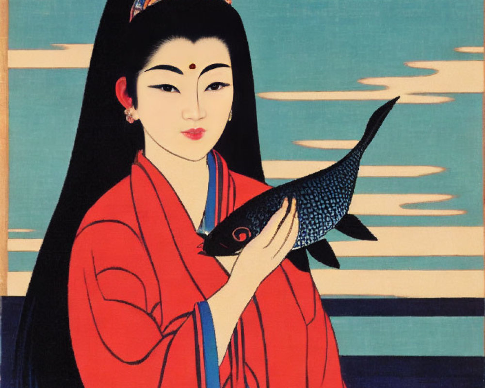 Traditional Asian-style painting of woman in red robe with fish on blue-patterned background