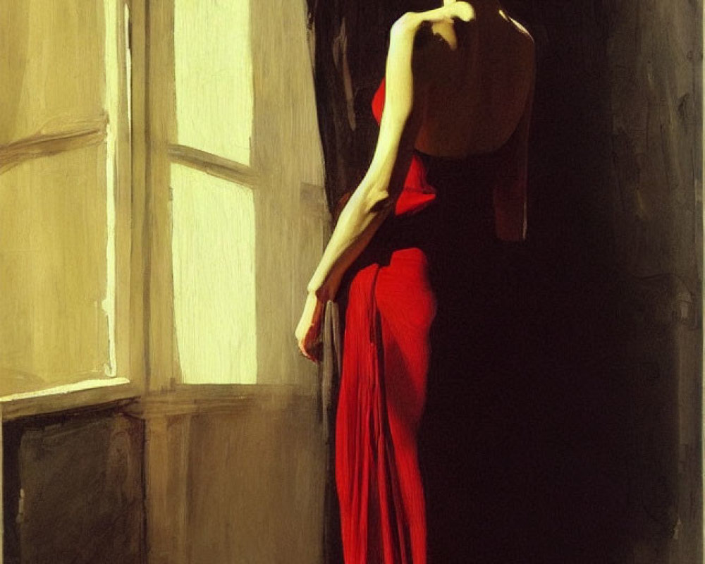 Woman in red dress by window in sunlit room with shadows