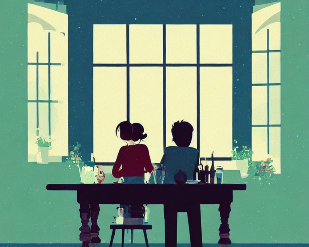 Two People Sitting at Table by Large Windows with Indoor Plants and Evening Sky